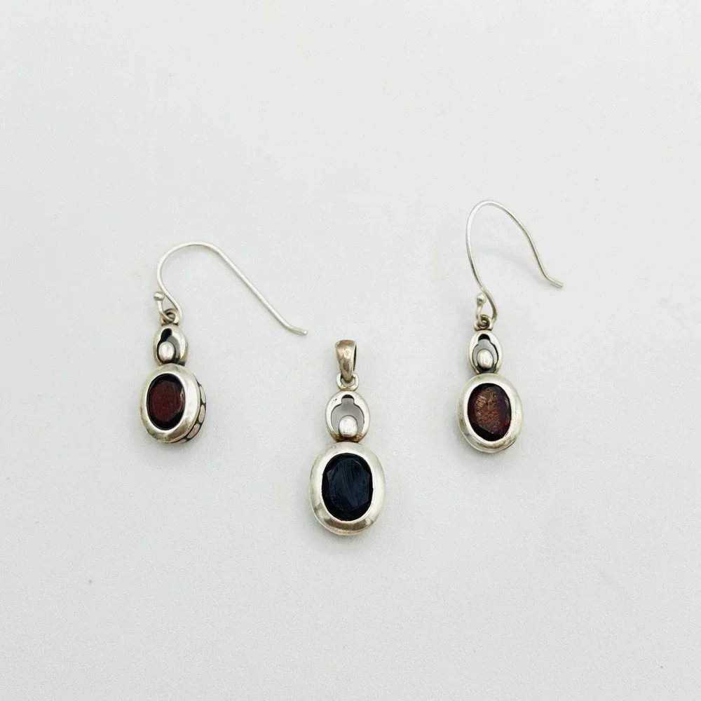 Vintage LUCAS LAMETH LUC 925 Sterling‎ Silver Red Garnet Pendant Dangle Earrings